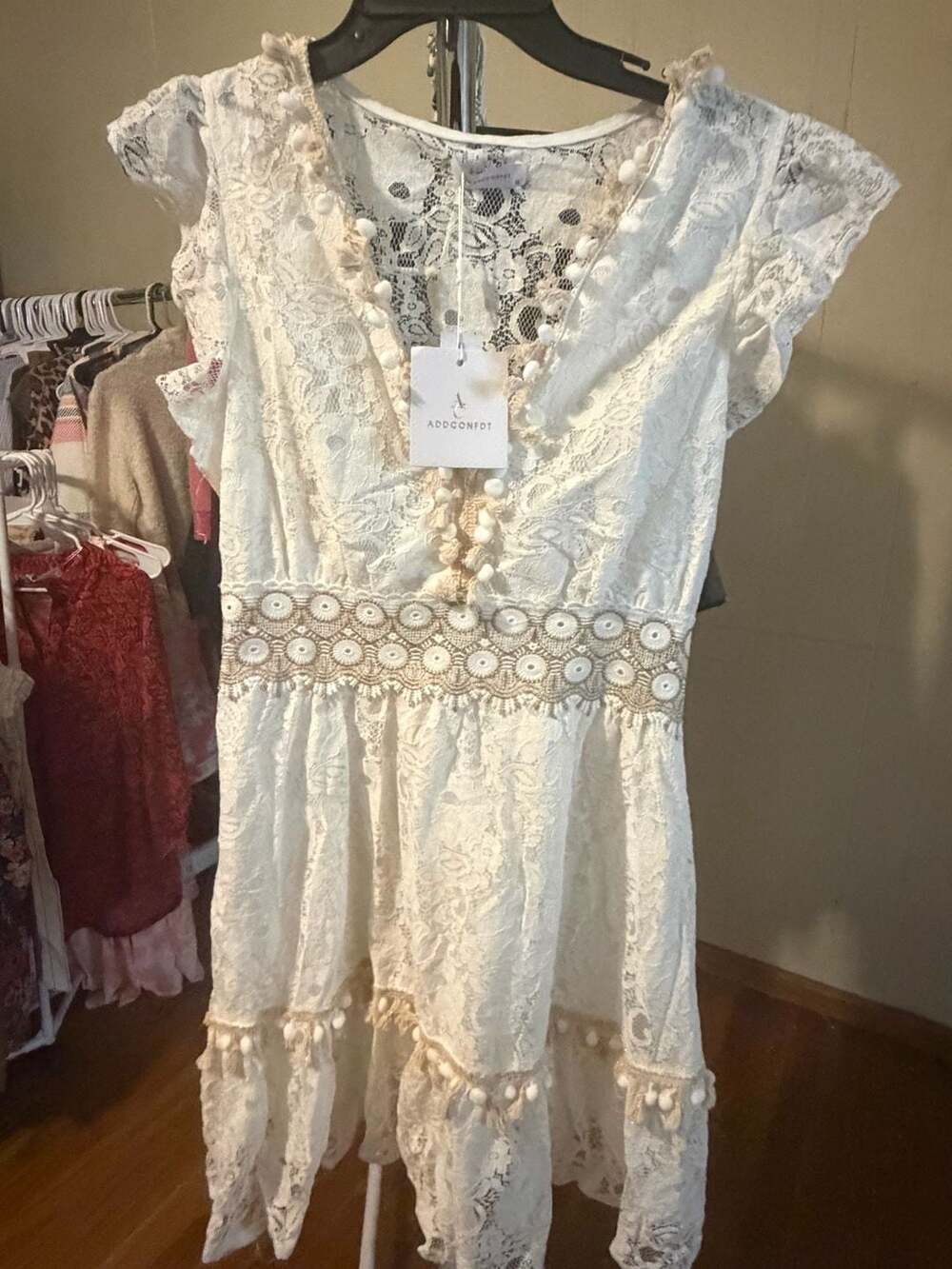 ADDCONFDT White Lace V-Neck Mini Dress with Pom Pom Trim and Crochet Waist